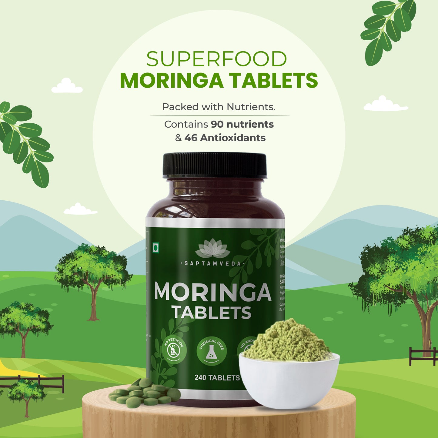Saptamveda Organic Moringa Tablets - Protein-Rich Organic Superfood for Energy, Immunity & Weight Support