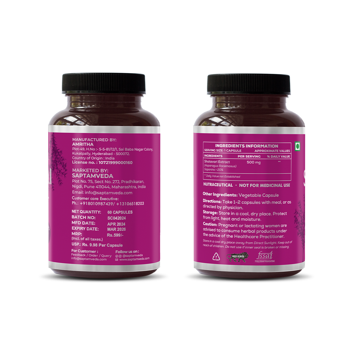 Natural Shatavari Capsules - Hormonal Balance & Women's Health, 60 Capsules