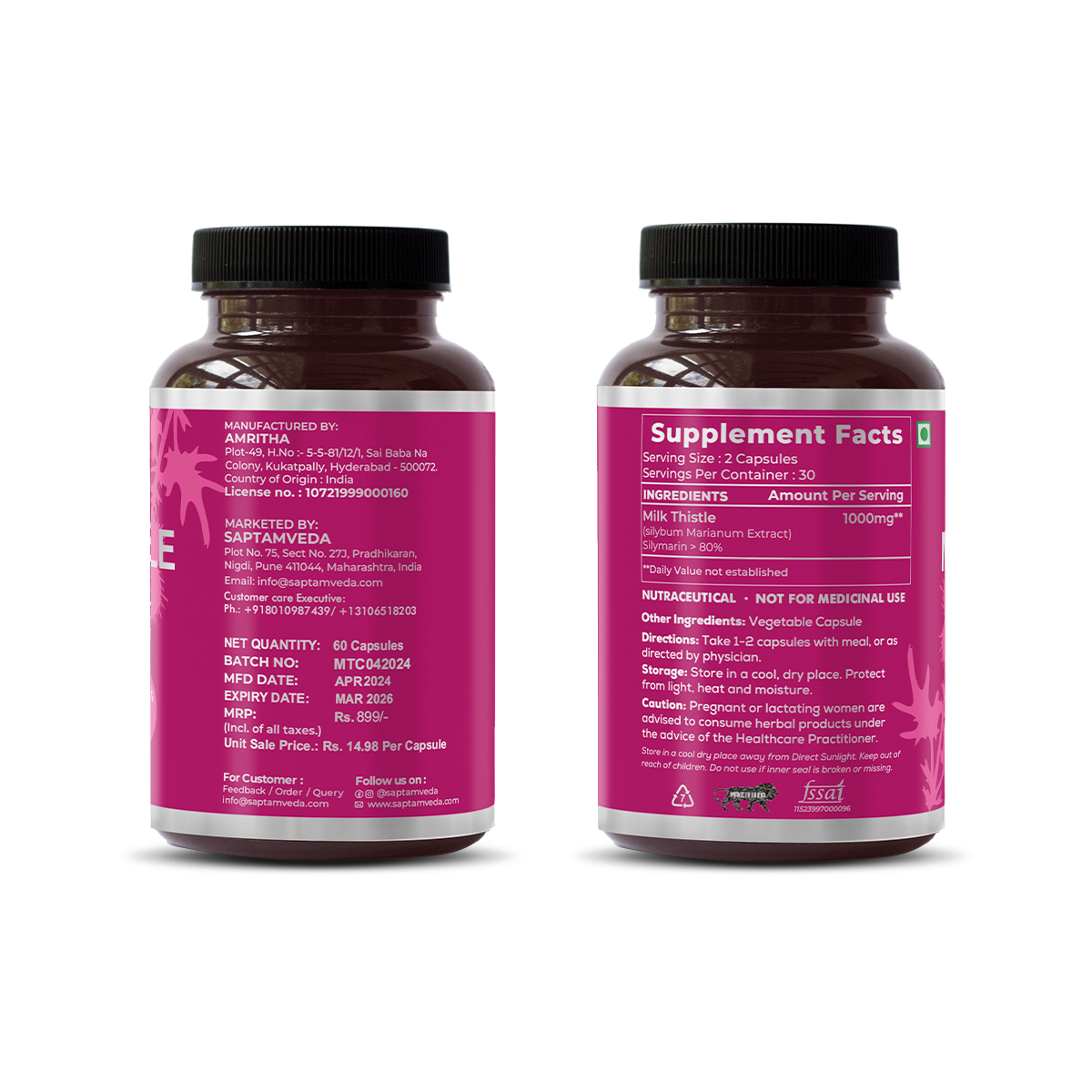 Saptamveda Herbal Liver Detox Supplement - Milk Thistle Extract for Fatty Liver & Detox, 800mg