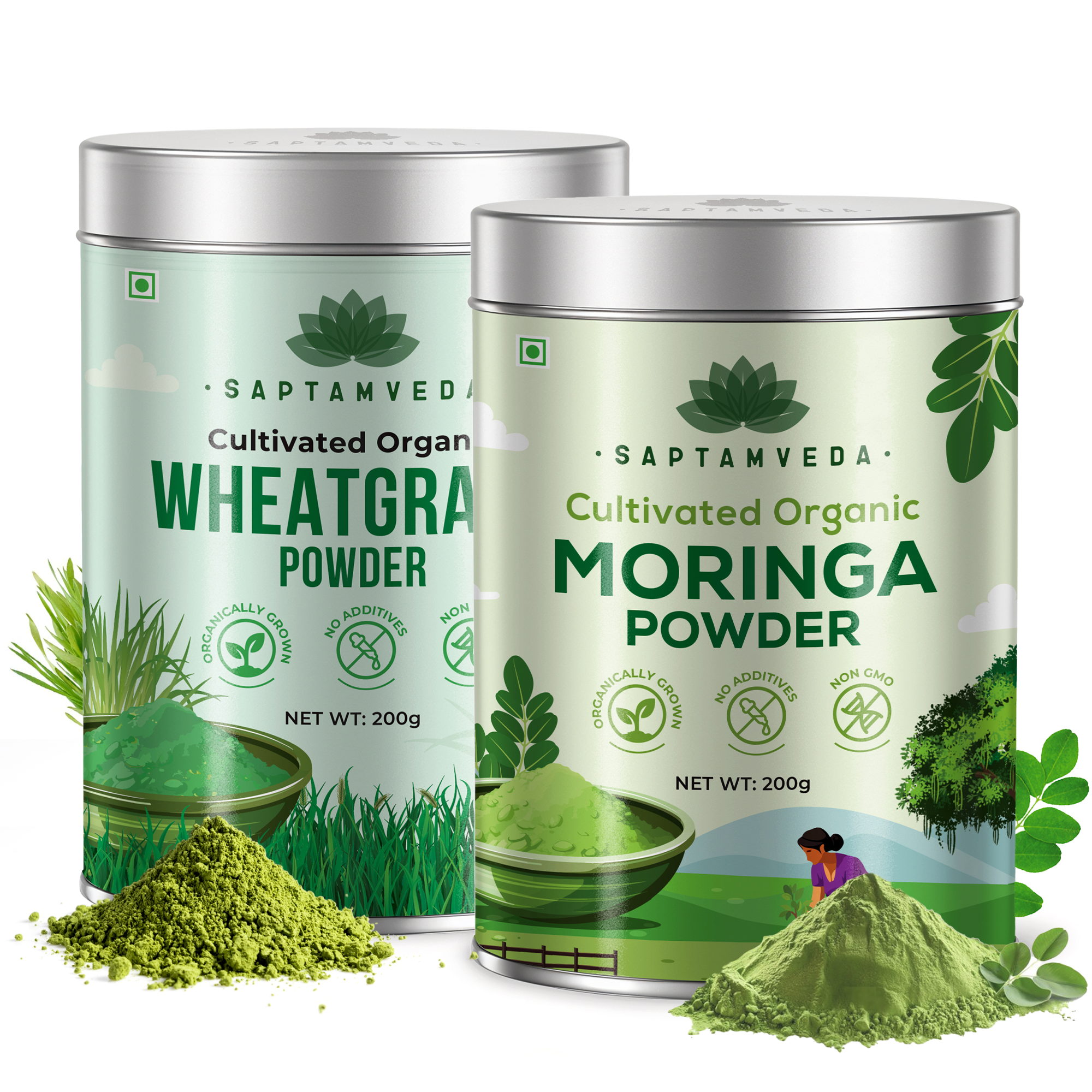 Moringa & Wheatgrass Powder 200gm each | Tin Combo – Saptamveda