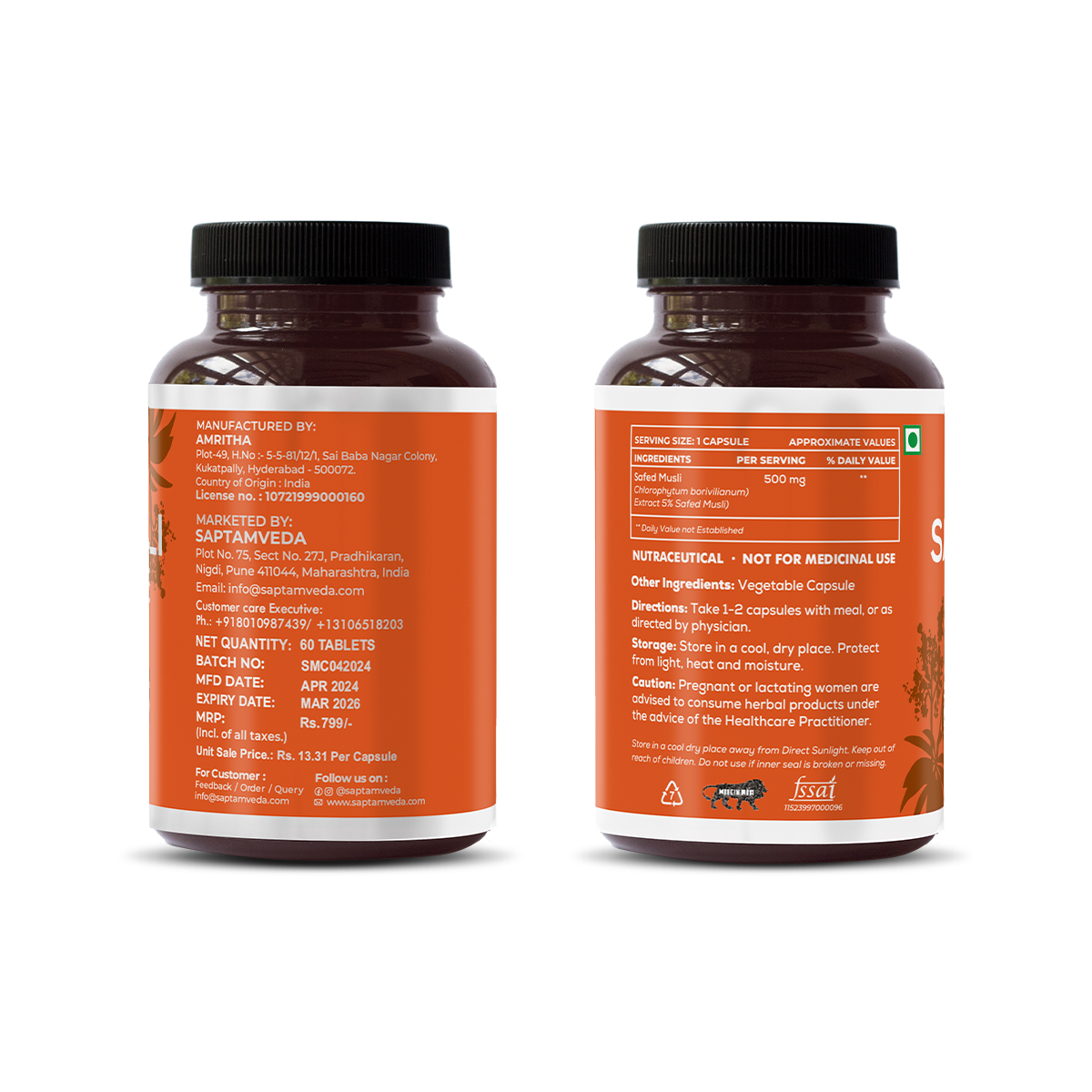 Natural Safed Musli Capsules - Strength & Vitality Booster, 60 Capsules