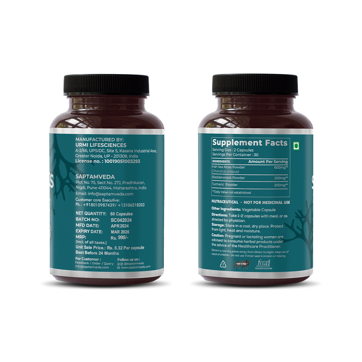 Saptamveda Irish Sea Moss Capsules - Immune Support with Bladderwrack, Burdock & Turmeric, 500mg