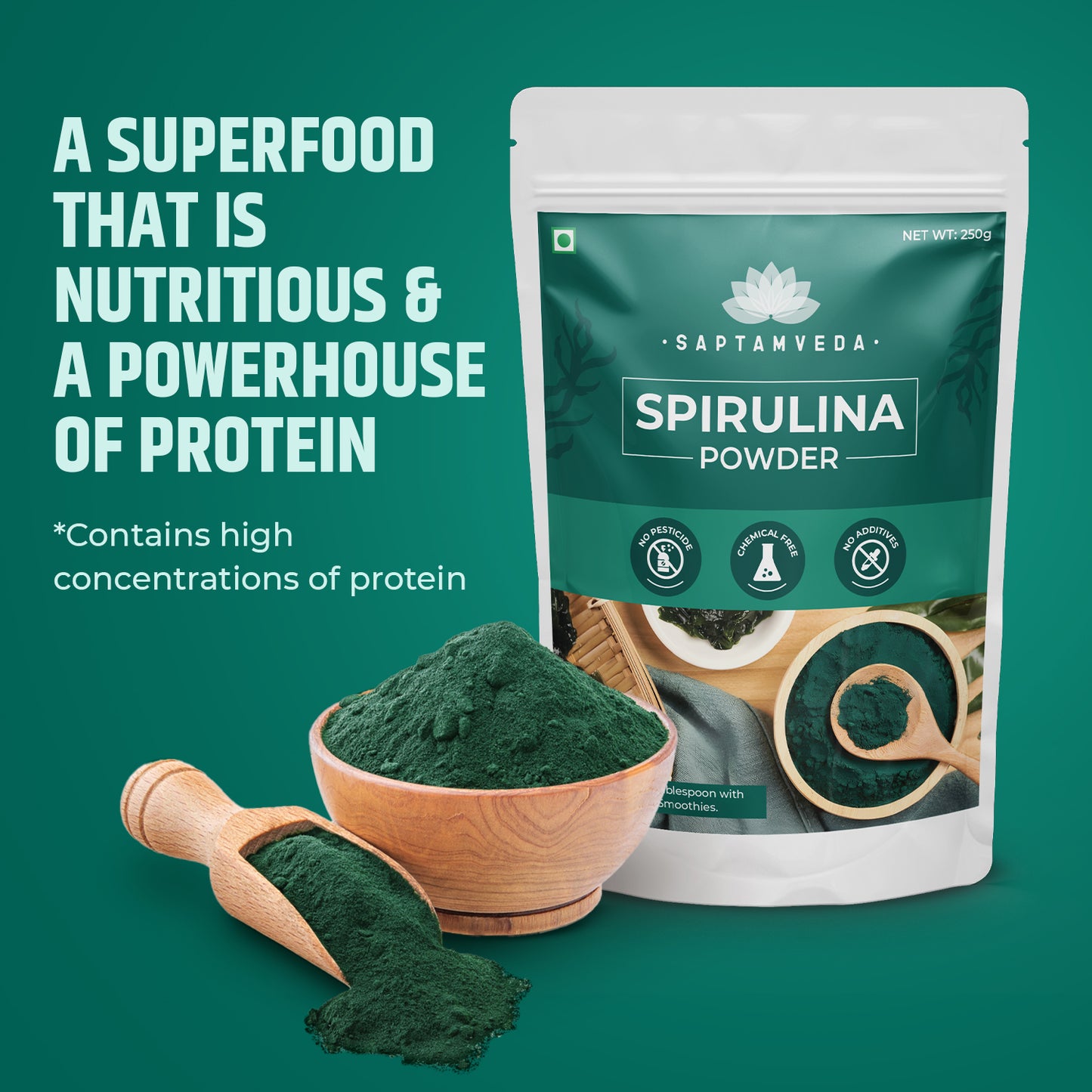 Saptamveda Spirulina Powder - Organic Superfood for Energy, Immunity Boost, and Detox, 200g