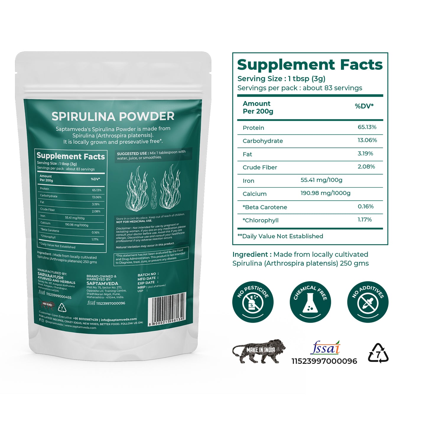 Saptamveda Spirulina Powder - Organic Superfood for Energy, Immunity Boost, and Detox, 200g