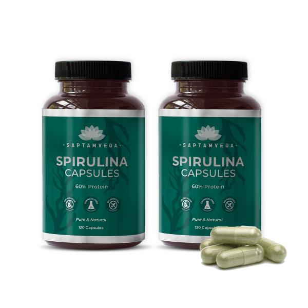 Saptamveda Spirulina Capsules - Protein-Rich Organic Superfood for Energy, Immunity & Detox, 2000mg