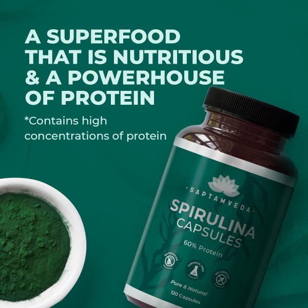Saptamveda Spirulina Capsules - Protein-Rich Organic Superfood for Energy, Immunity & Detox, 2000mg