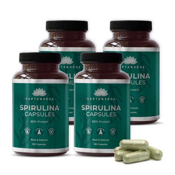 Saptamveda Spirulina Capsules - Protein-Rich Organic Superfood for Energy, Immunity & Detox, 2000mg
