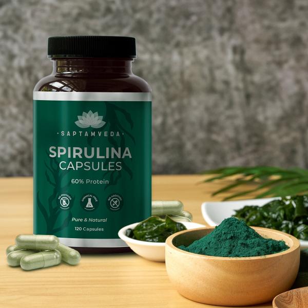 Saptamveda Spirulina Capsules - Protein-Rich Organic Superfood for Energy, Immunity & Detox, 2000mg