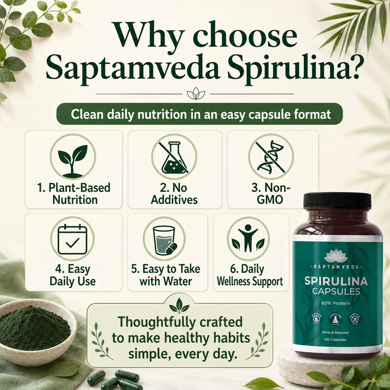 Saptamveda Spirulina Capsules - Protein-Rich Organic Superfood for Energy, Immunity & Detox, 2000mg