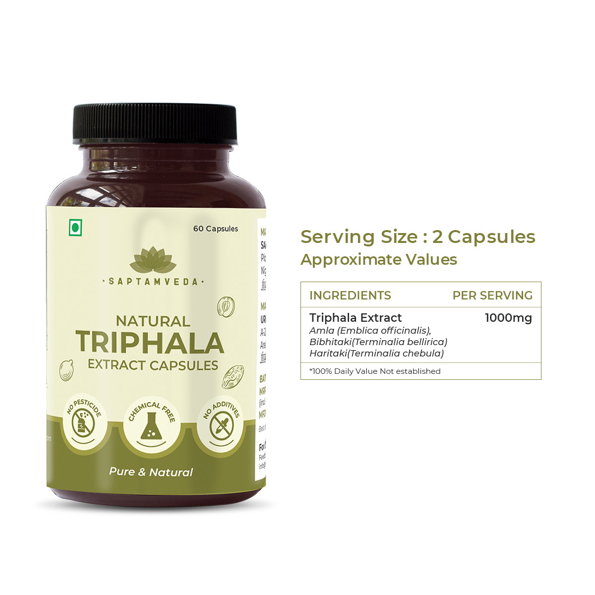 Natural Triphala Capsules - Amla, Bhibhitaki & Haritaki for Digestive Health & Immunity, 60 Capsules