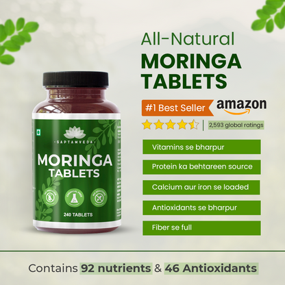 Saptamveda Organic Moringa Tablets – 500mg Each | Aids in Weight Management | Metabolism Booster | Protein Rich Organic Superfood for Energy, Immunity & Nutritional Support