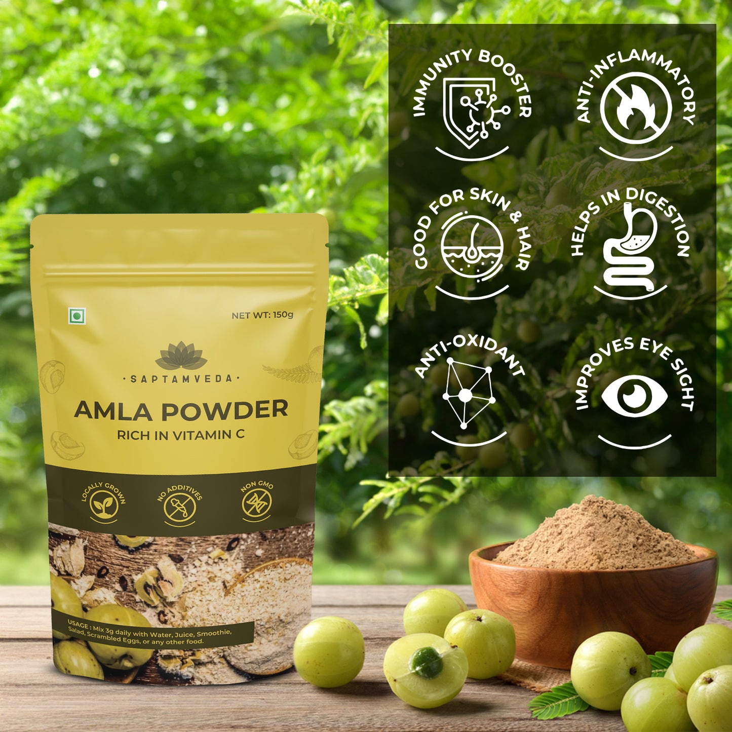 Saptamveda Organic Amla Powder – 300g – Natural Vitamin C Superfood for Immunity, Skin & Hair Health – Antioxidant-Rich, Non-GMO, Vegan