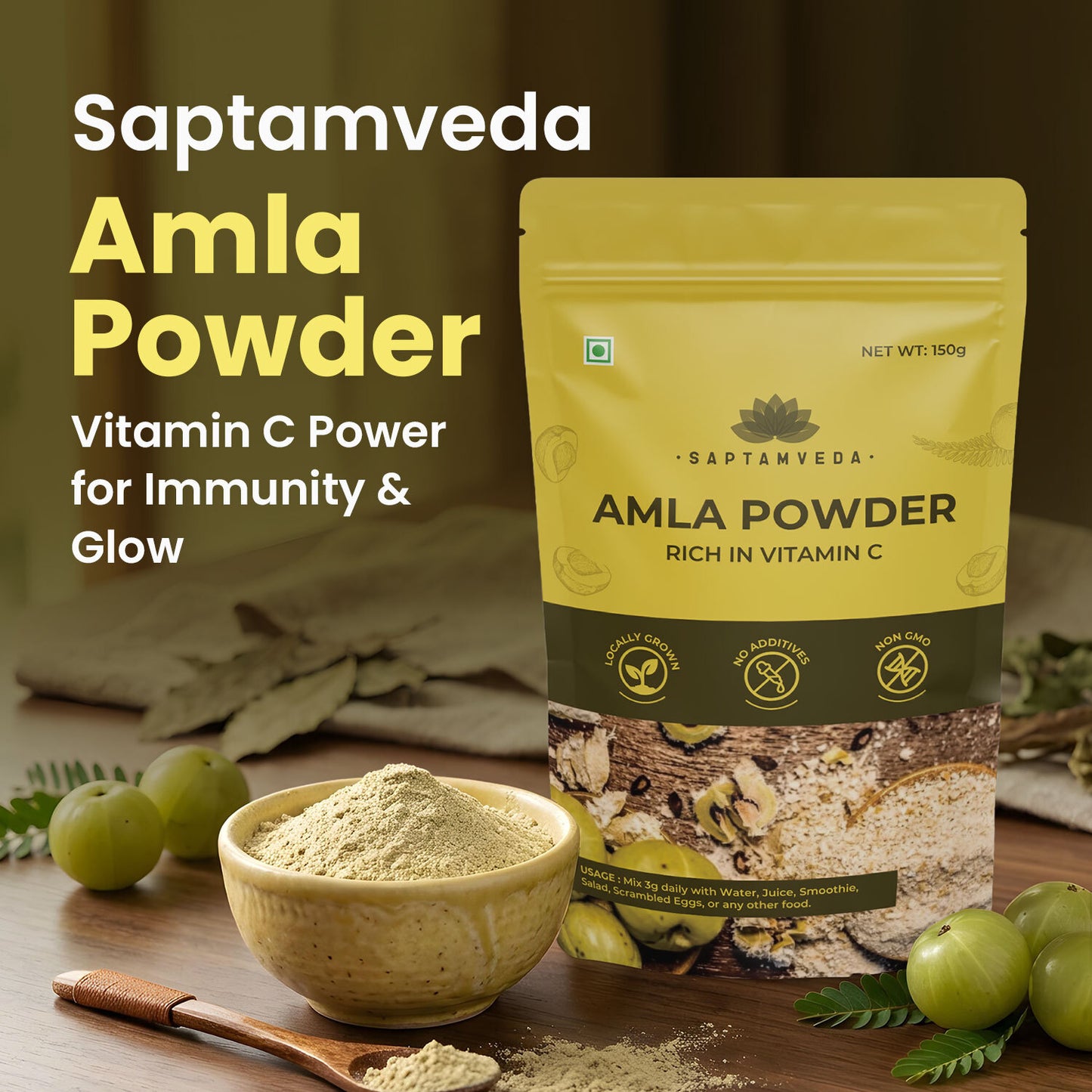 Saptamveda Organic Amla Powder - Vitamin C Superfood for Immunity & Skin Health, 300g