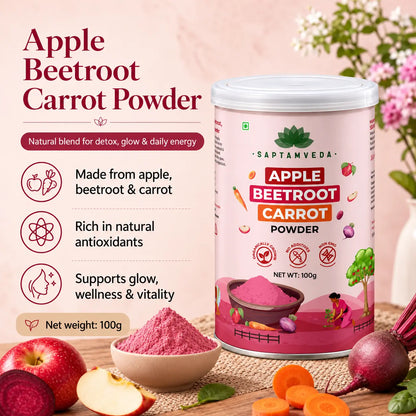 Saptamveda ABC Powder (Apple Beetroot Carrot) – Natural Fruit & Vegetable Blend for Daily Nutrition, Skin Glow & Wellness | 100g Composite Tin