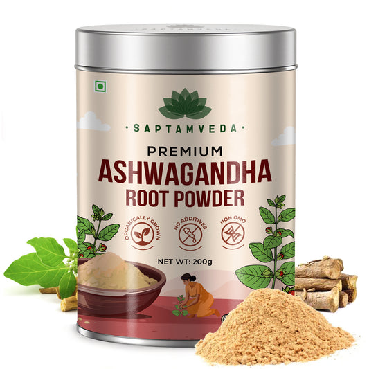 Saptamveda Premium Ashwagandha Powder (200gm Tin) | Stress Relief, Energy Boost & Hormonal Balance