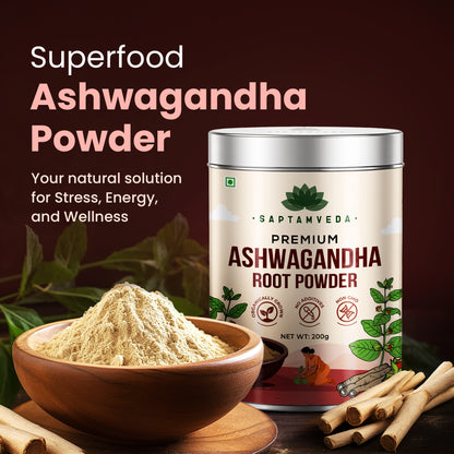 Saptamveda Premium Ashwagandha Powder (200gm Tin) | Stress Relief, Energy Boost & Hormonal Balance