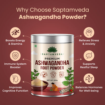 Saptamveda Premium Ashwagandha Powder (200gm Tin) | Stress Relief, Energy Boost & Hormonal Balance