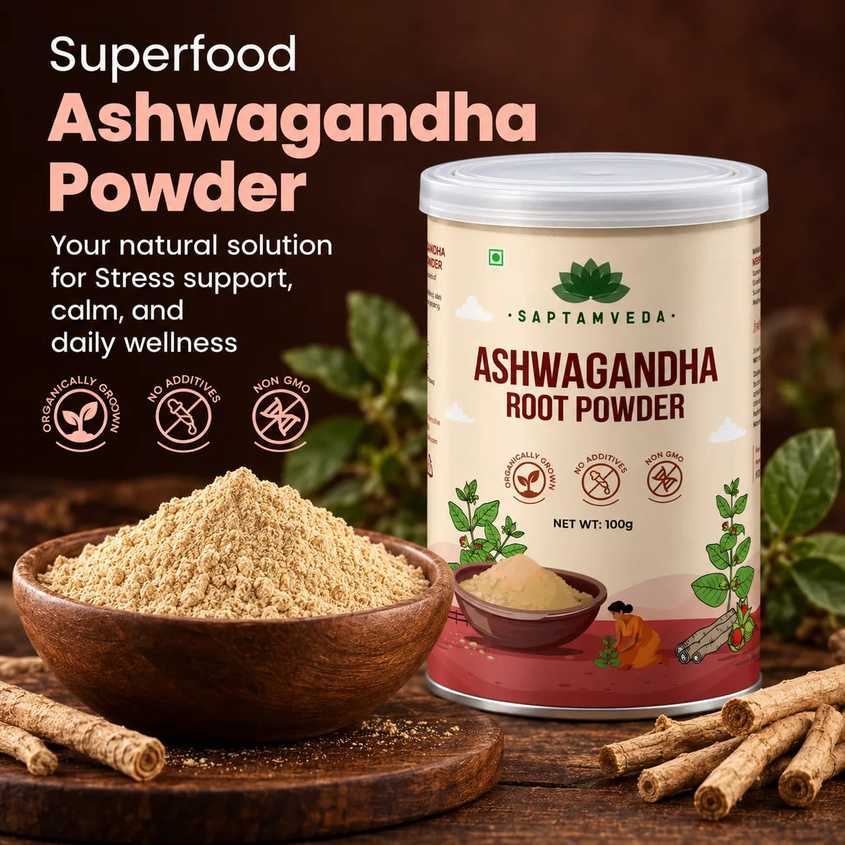 Saptamveda Ashwagandha Root Powder – Traditional Ayurvedic Herb for Stress Management, Daily Wellness & Vitality | 100g Composite Tin