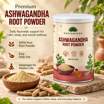 Saptamveda Ashwagandha Root Powder – Traditional Ayurvedic Herb for Stress Management, Daily Wellness & Vitality | 100g Composite Tin