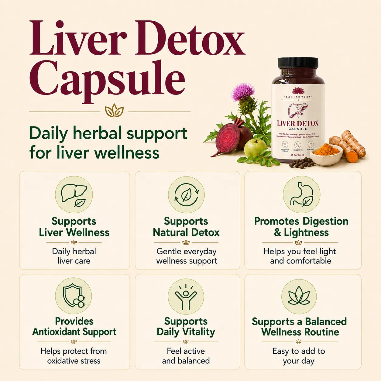 Saptamveda Liver Detox Capsules – Herbal Wellness Supplement for Daily Digestive & Lifestyle Support | 60 Capsules