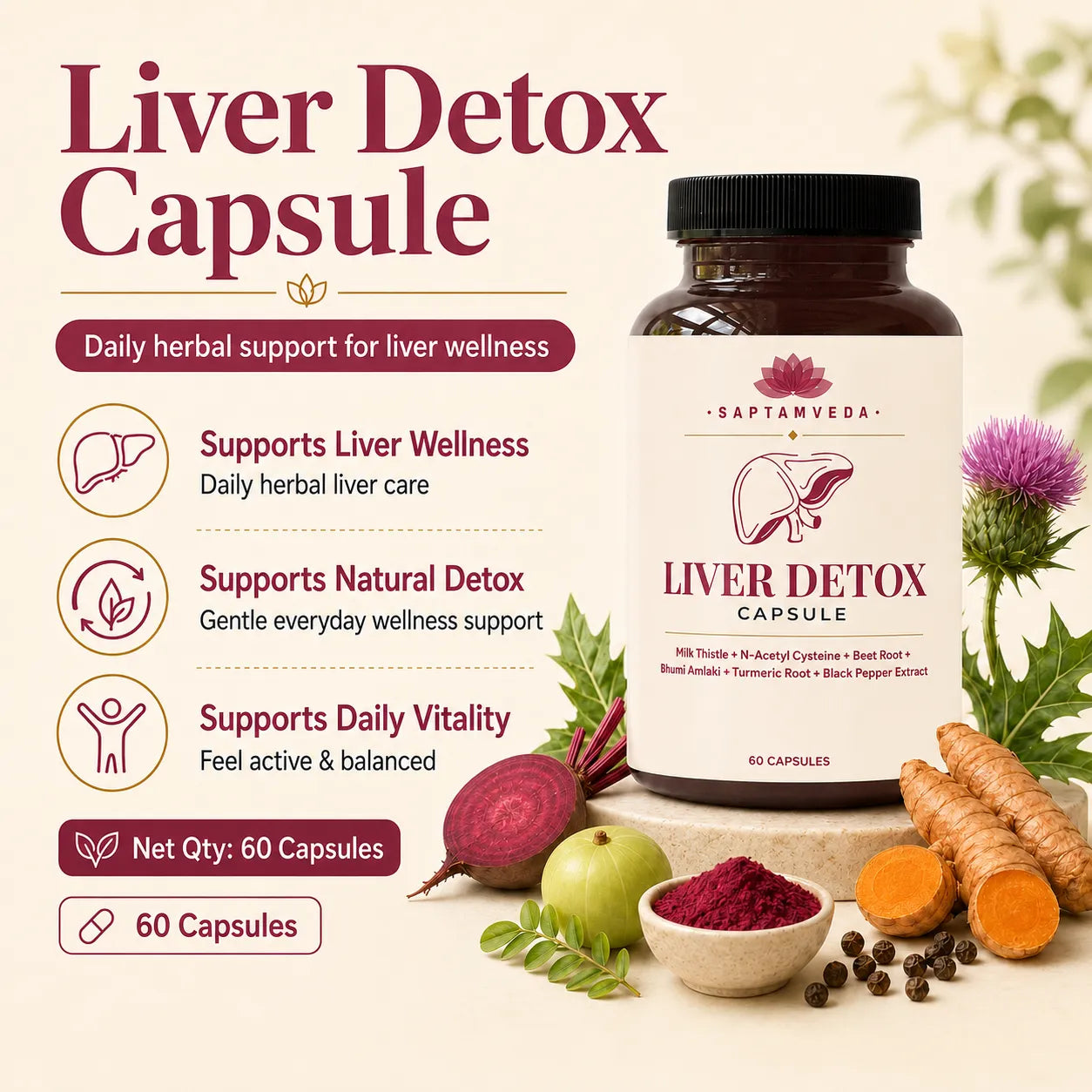 Saptamveda Liver Detox Capsules – Herbal Wellness Supplement for Daily Digestive & Lifestyle Support | 60 Capsules
