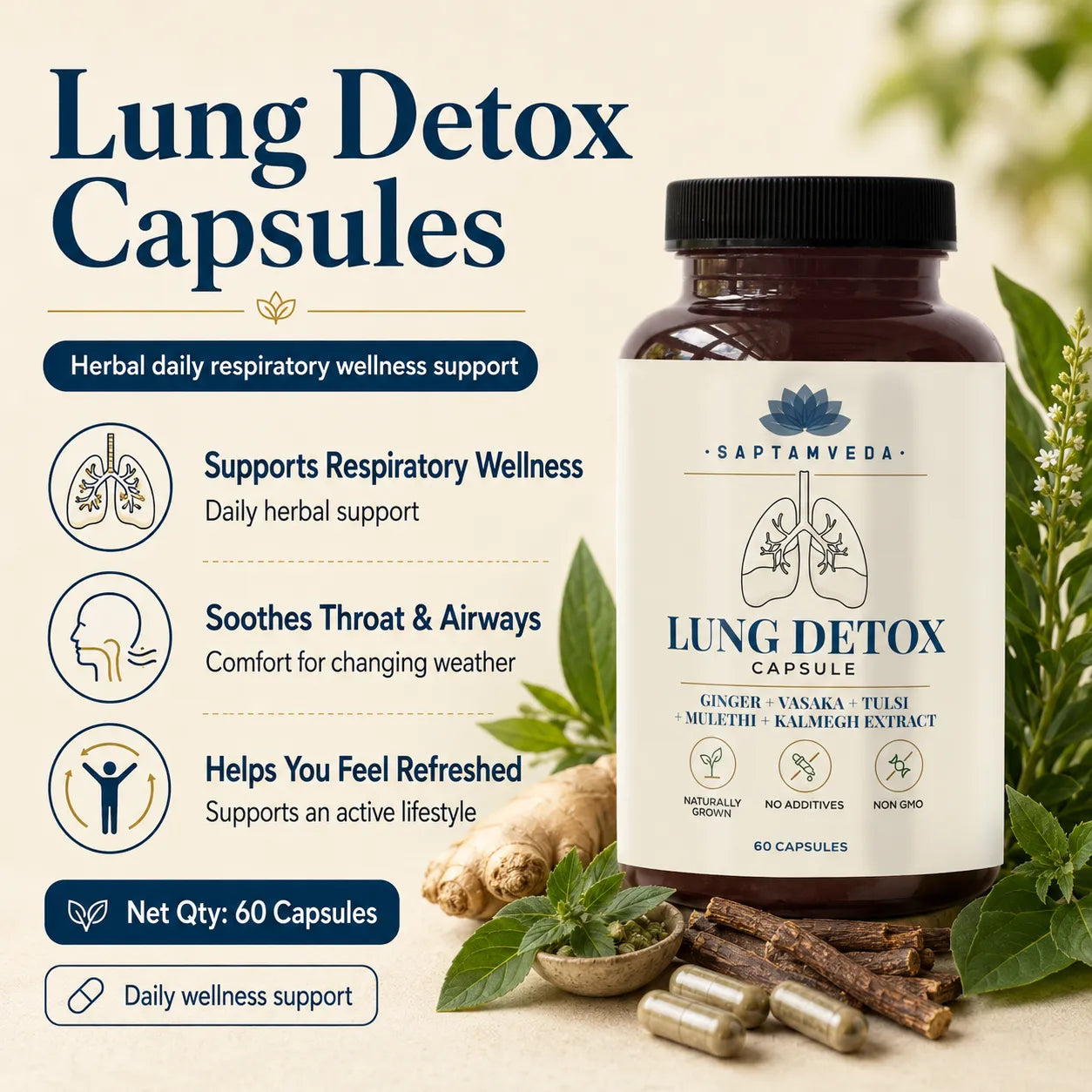 Saptamveda Lung Detox Capsules – Herbal Wellness Supplement for Respiratory Routine & Daily Lifestyle Support | 60 Capsules