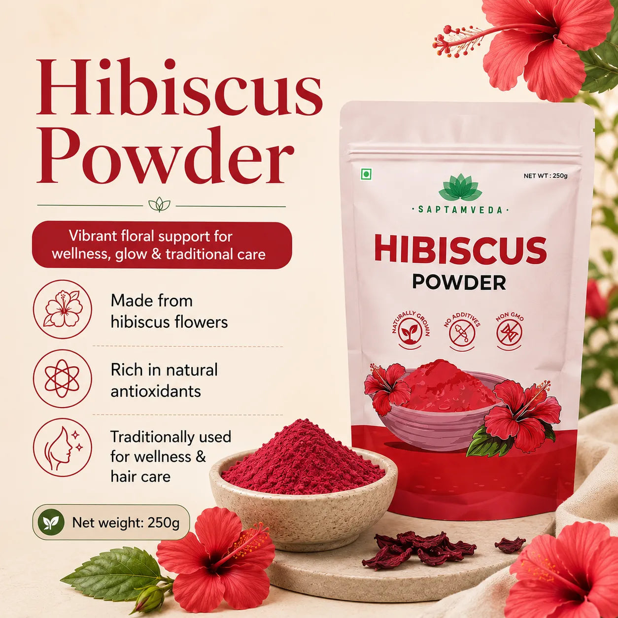 Hibiscus Flower Powder – Natural Flower Powder for Hair, Skin & Wellness Rituals | 250g