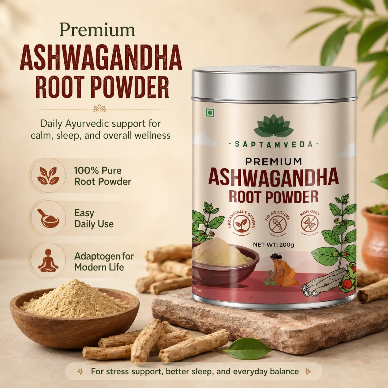 Saptamveda Premium Ashwagandha Powder (200gm Tin) | Stress Relief, Energy Boost & Hormonal Balance