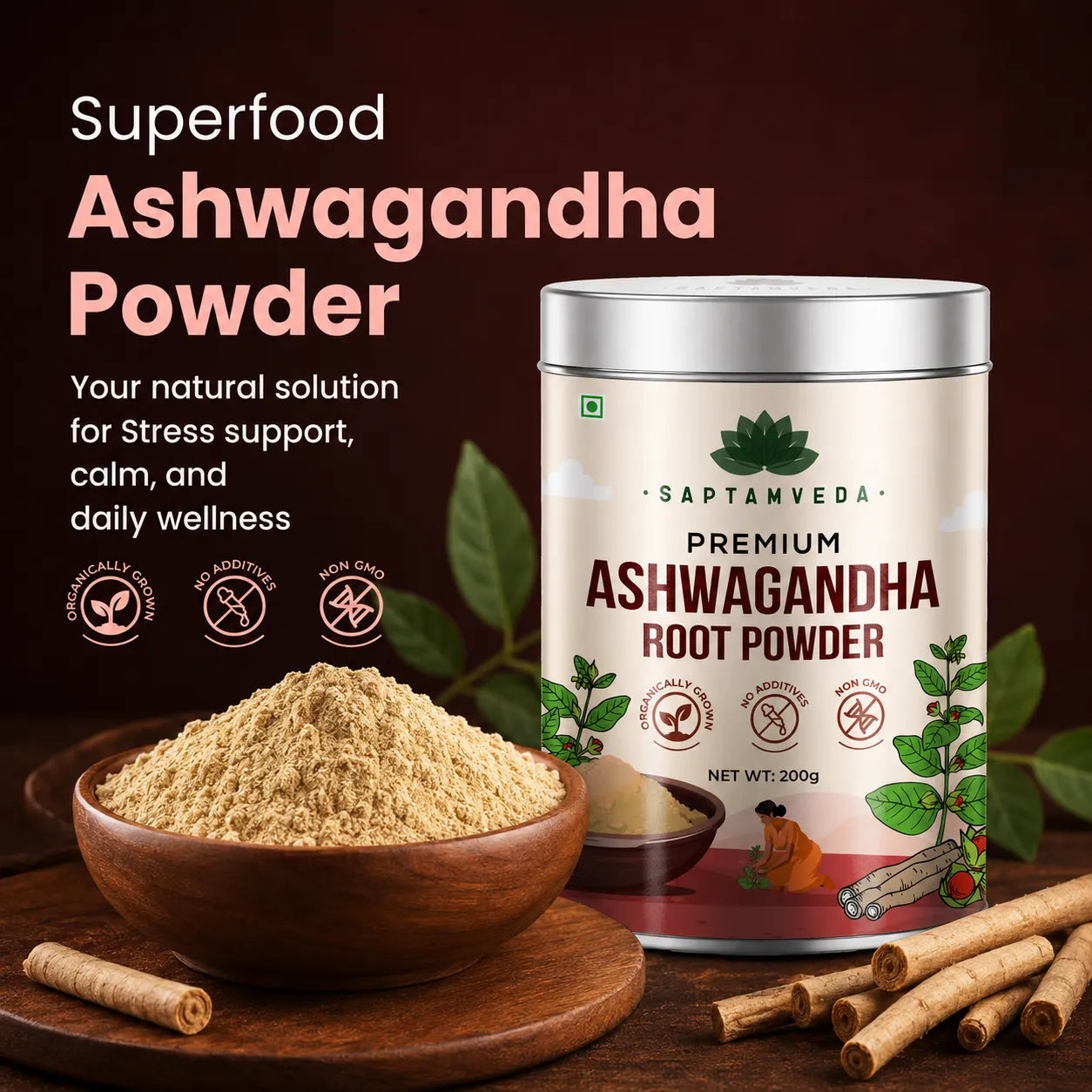 Saptamveda Premium Ashwagandha Powder (200gm Tin) | Stress Relief, Energy Boost & Hormonal Balance