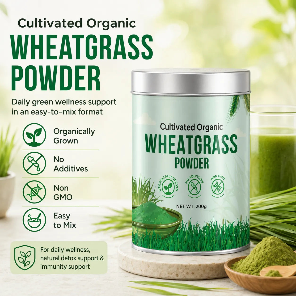 Saptamveda 100% Pure Wheatgrass Powder | Rich in Chlorophyll & Antioxidants | 200g Tin