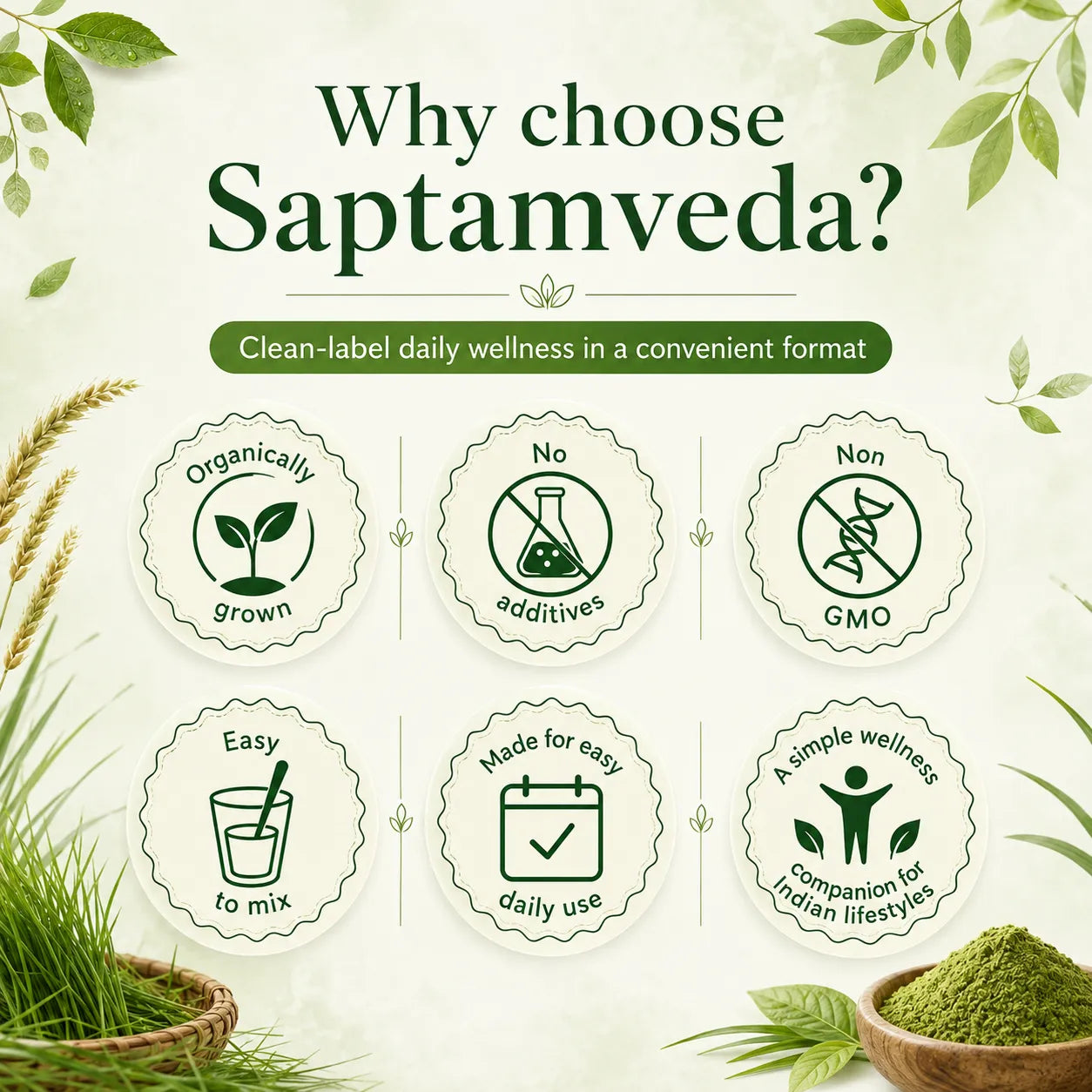 Saptamveda 100% Pure Wheatgrass Powder | Rich in Chlorophyll & Antioxidants | 200g Tin
