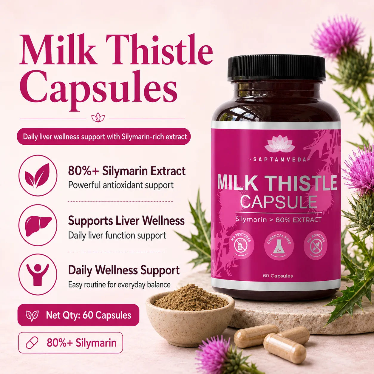 Saptamveda Herbal Liver Detox Supplement - Milk Thistle Extract for Fatty Liver & Detox, 800mg