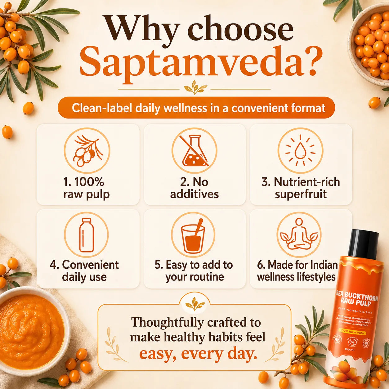 Saptamveda Sea Buckthorn Pulp | Himalayan Superfruit for Skin, Immunity & Energy