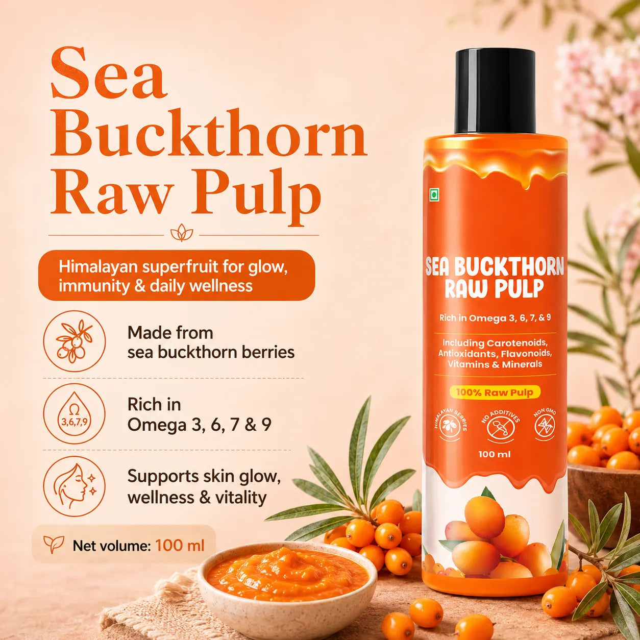 Saptamveda Sea Buckthorn Pulp | Himalayan Superfruit for Skin, Immunity & Energy