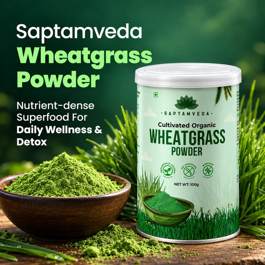 Saptamveda Wheatgrass Powder – Cultivated Organic Green Superfood for Daily Nutrition & Wellness | 100g Composite Tin