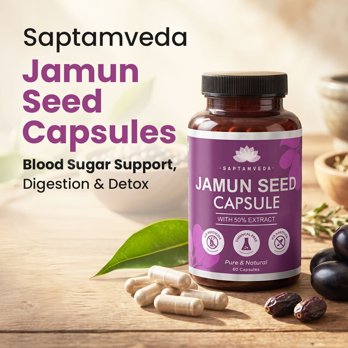 Natural Jamun Seed Capsules - Blood Sugar Support, Digestion & Detox, 50% Extract, 60 Capsules