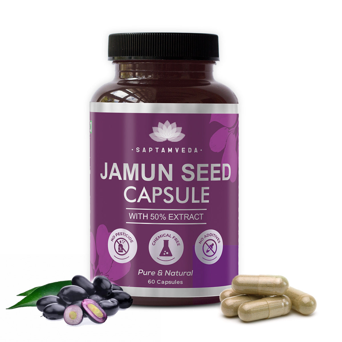 Saptamveda Natural Jamun Seed Capsules Jar of 60 QTY