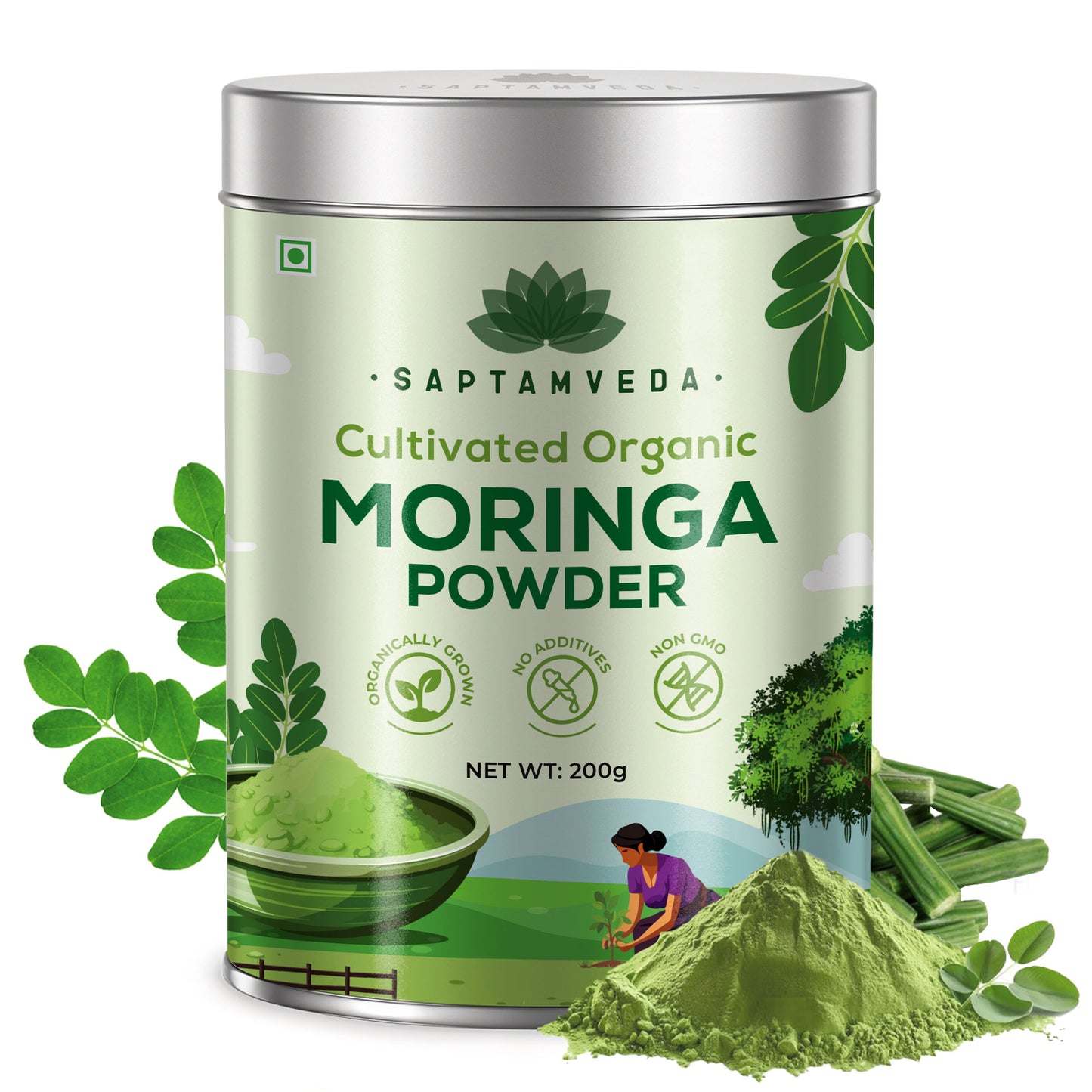 Saptamveda Organic Moringa Powder - Premium Superfood for Energy & Immunity Boost, 200g Tin