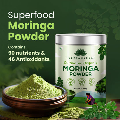 Saptamveda Organic Moringa Powder - Premium Superfood for Energy & Immunity Boost, 200g Tin