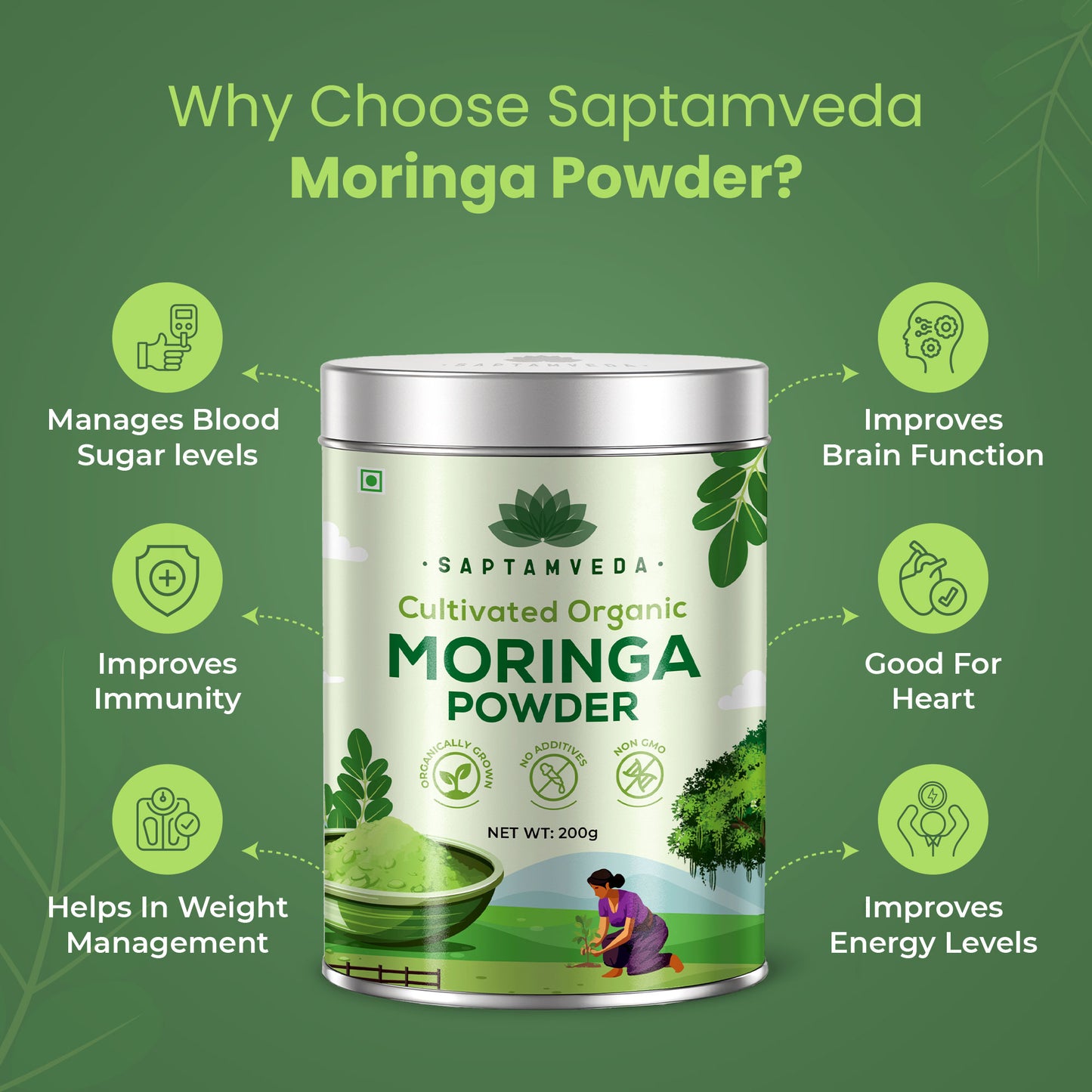 Saptamveda Organic Moringa Powder - Premium Superfood for Energy & Immunity Boost, 200g Tin