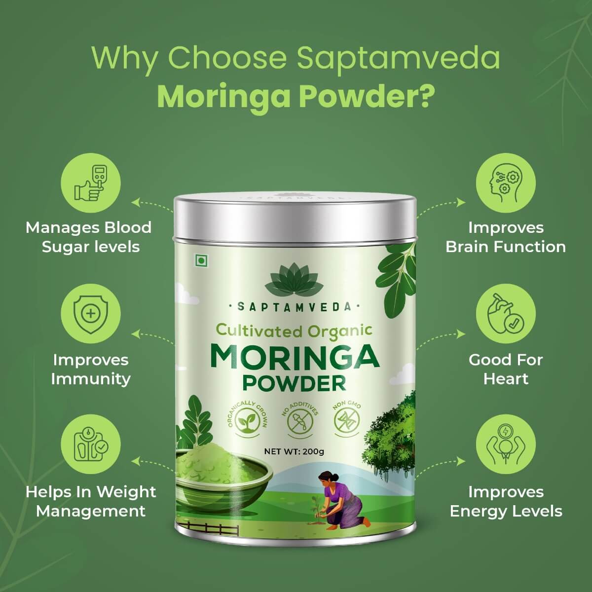 Saptamveda Organic Moringa Powder - Premium Superfood for Energy & Immunity Boost, 200g Tin