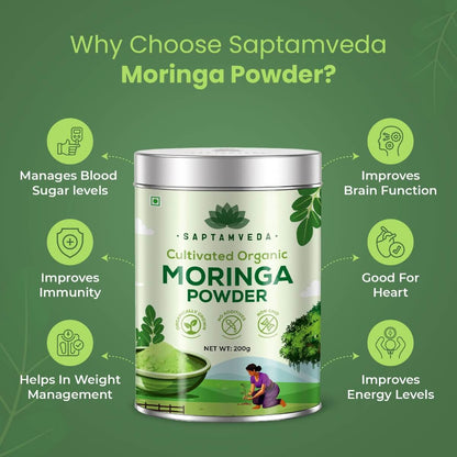 Saptamveda Organic Moringa Powder - Premium Superfood for Energy & Immunity Boost, 200g Tin