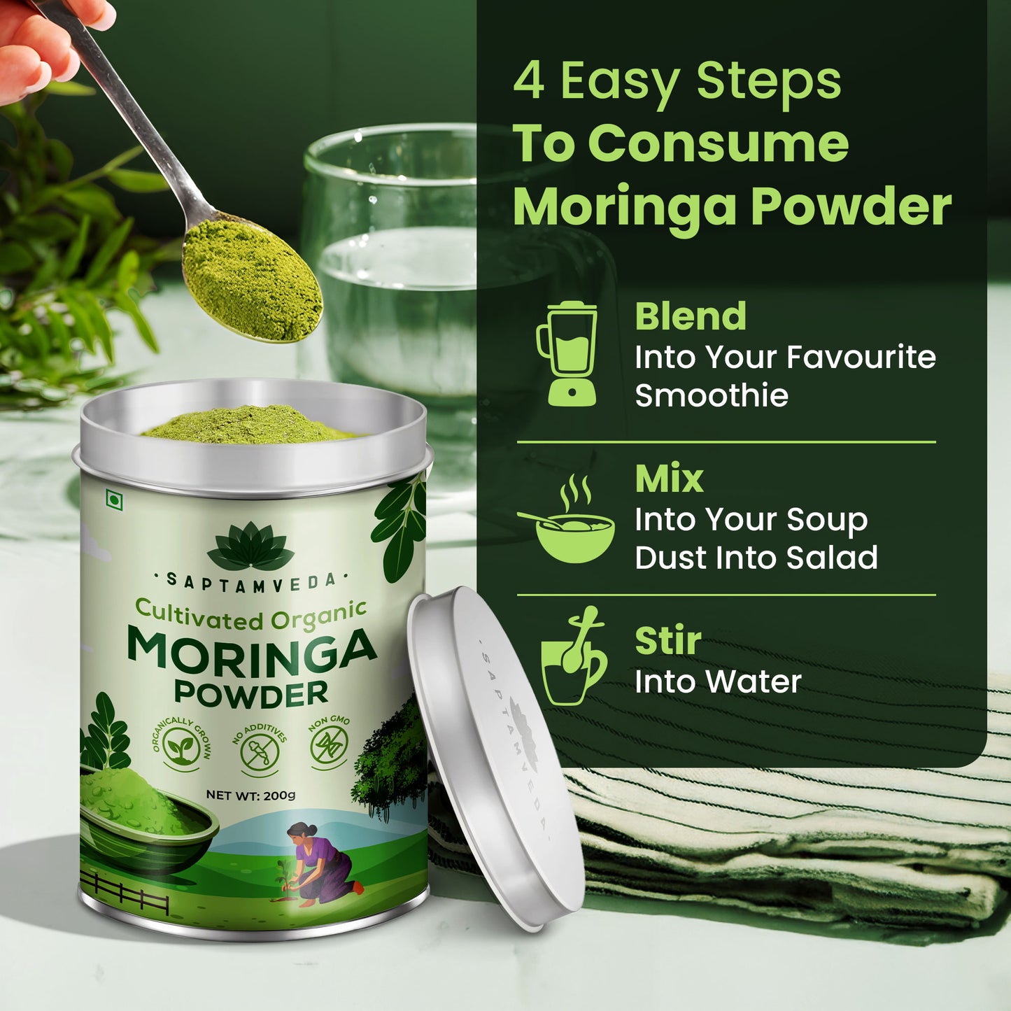 Saptamveda Organic Moringa Powder - Premium Superfood for Energy & Immunity Boost, 200g Tin