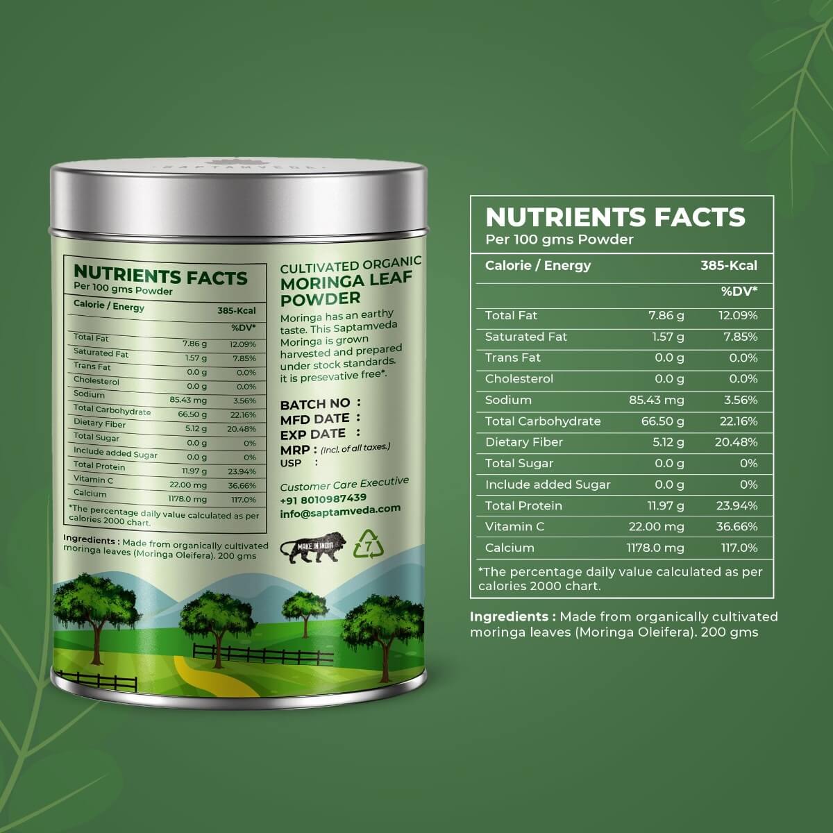 Saptamveda Organic Moringa Powder - Premium Superfood for Energy & Immunity Boost, 200g Tin