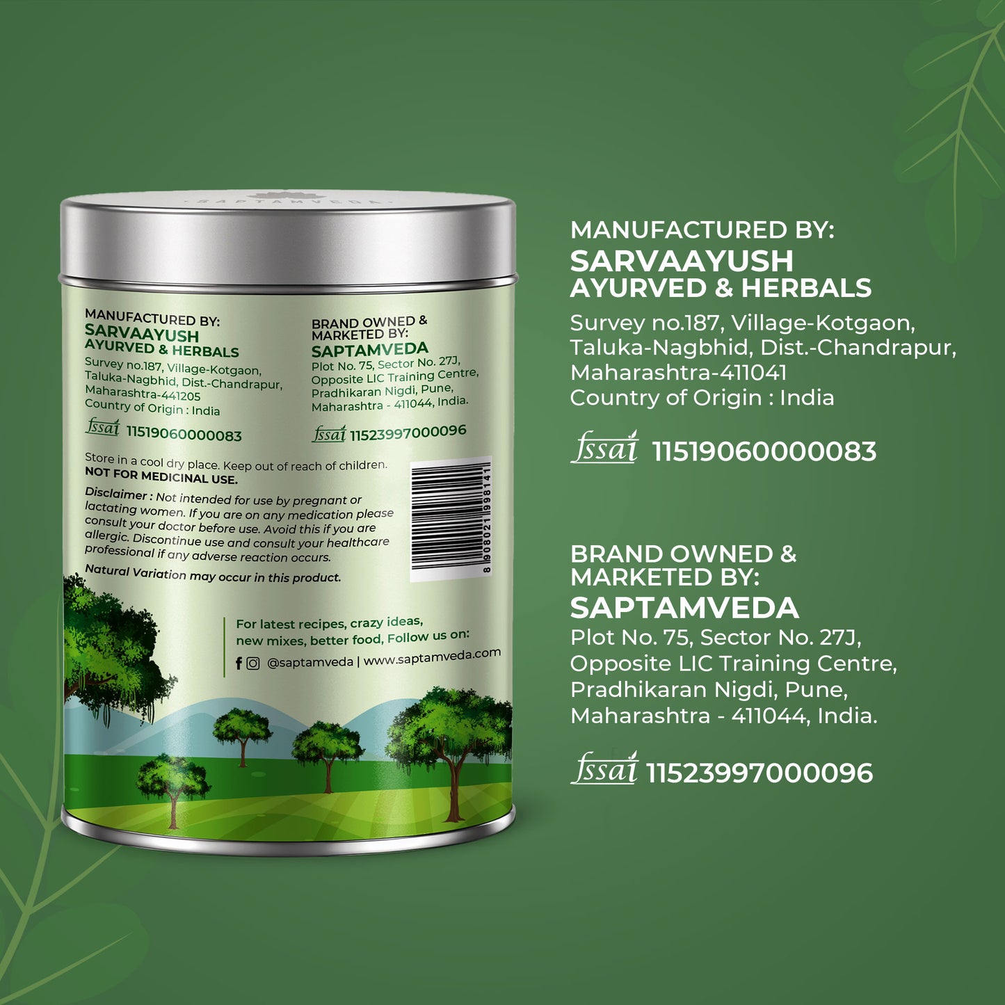 Saptamveda Organic Moringa Powder - Premium Superfood for Energy & Immunity Boost, 200g Tin