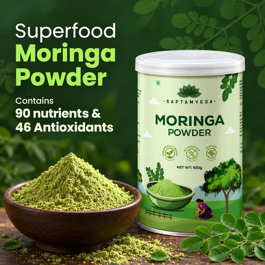 Saptamveda Moringa Powder – Natural Moringa Leaf Powder for Daily Nutrition, Energy & Wellness | 100g Composite Tin