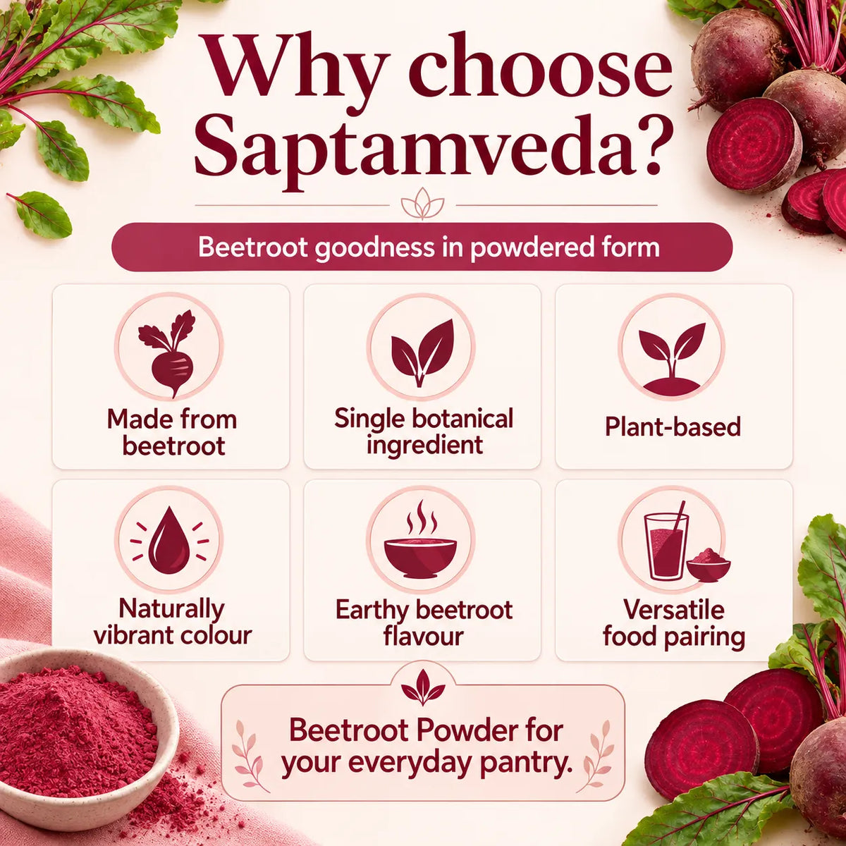 Saptamveda Beetroot Powder – Natural Beetroot Superfood for Daily Nutrition, Energy & Wellness | 100g Composite Tin