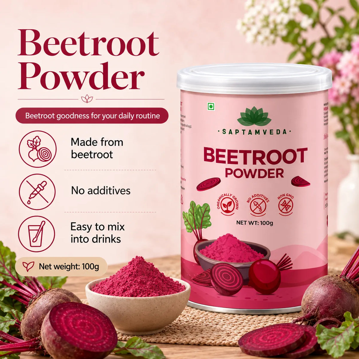 Saptamveda Beetroot Powder – Natural Beetroot Superfood for Daily Nutrition, Energy & Wellness | 100g Composite Tin