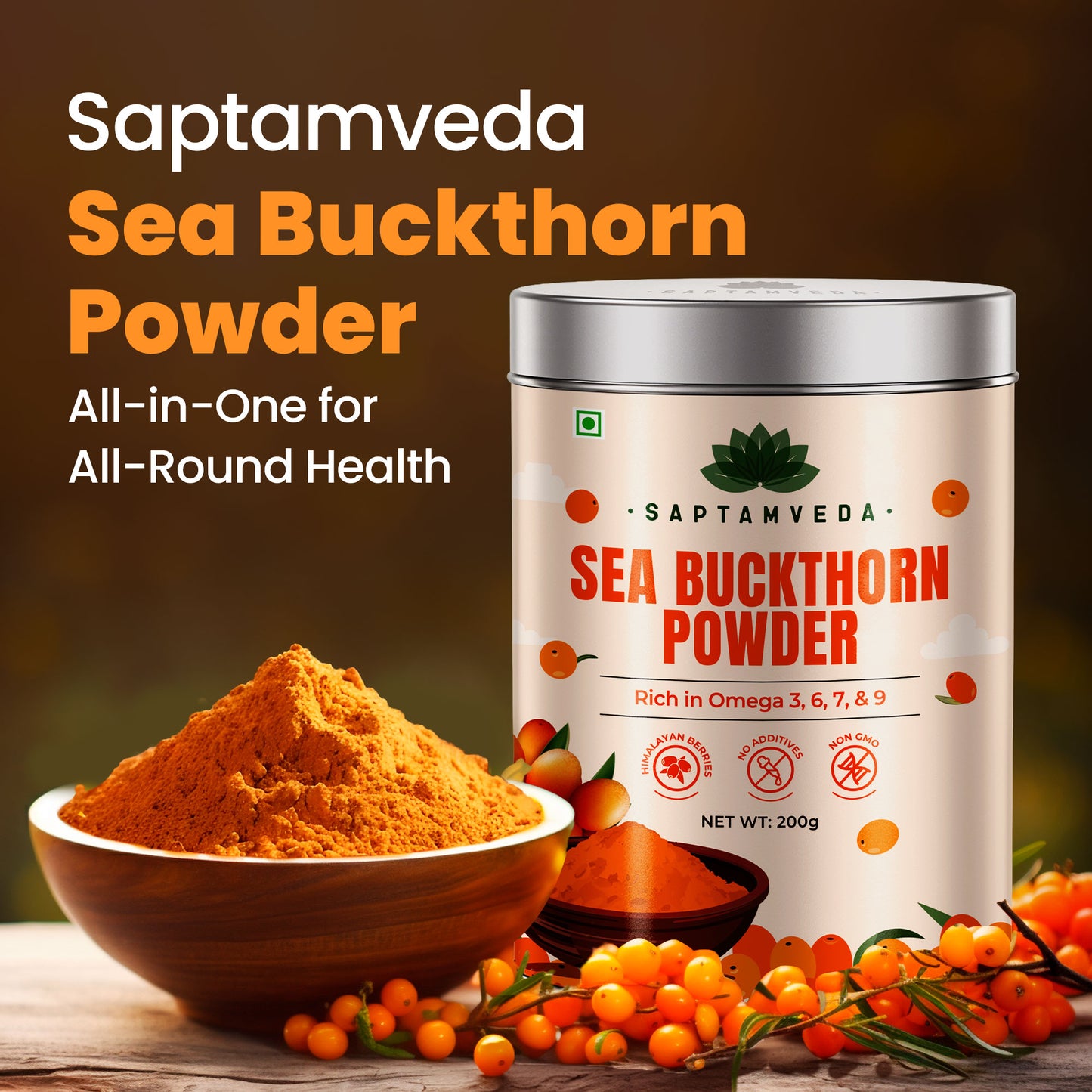 Saptamveda Organic Sea Buckthorn Powder | Himalayan Superberry for Immunity, Skin & Heart Health