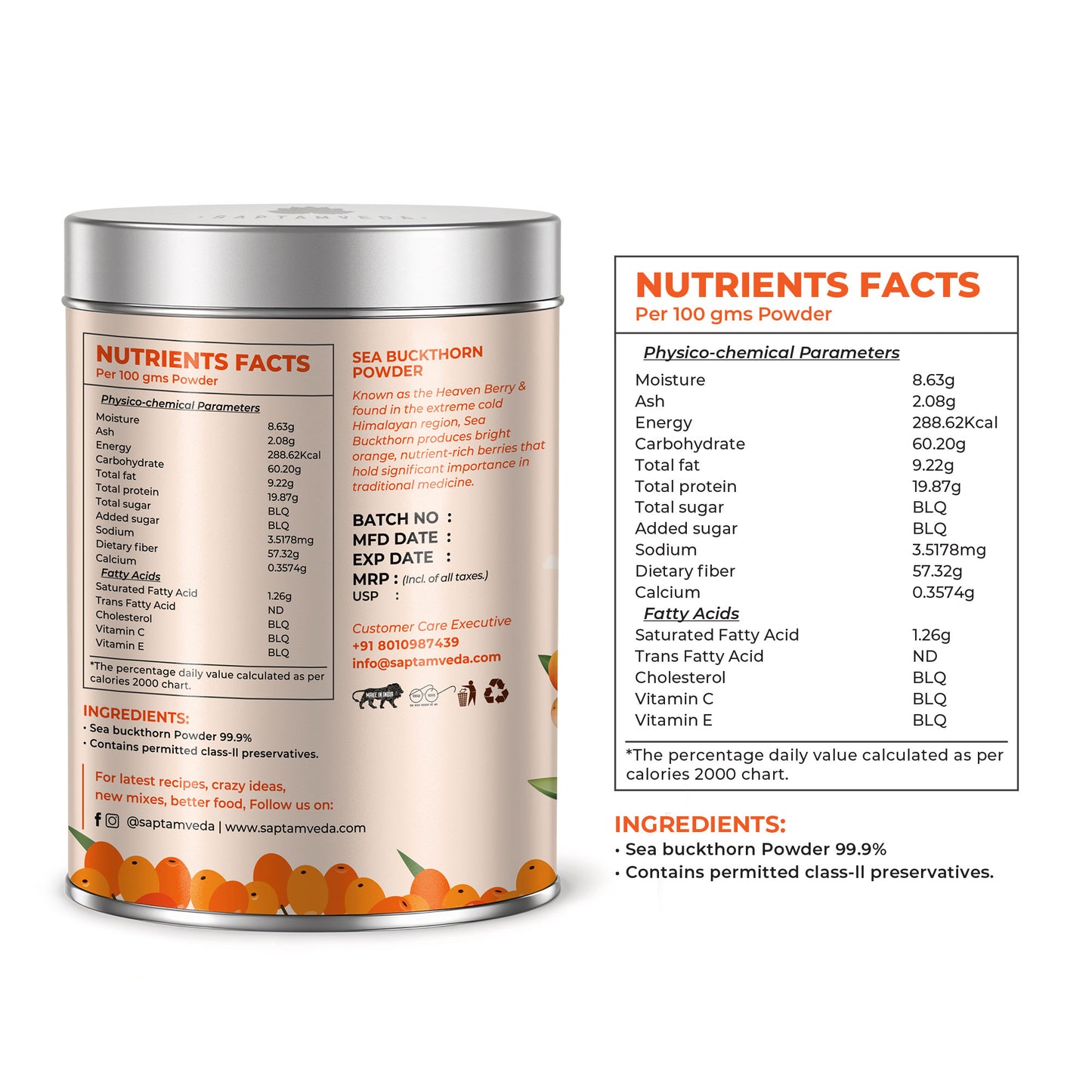 Saptamveda Organic Sea Buckthorn Powder | Himalayan Superberry for Immunity, Skin & Heart Health